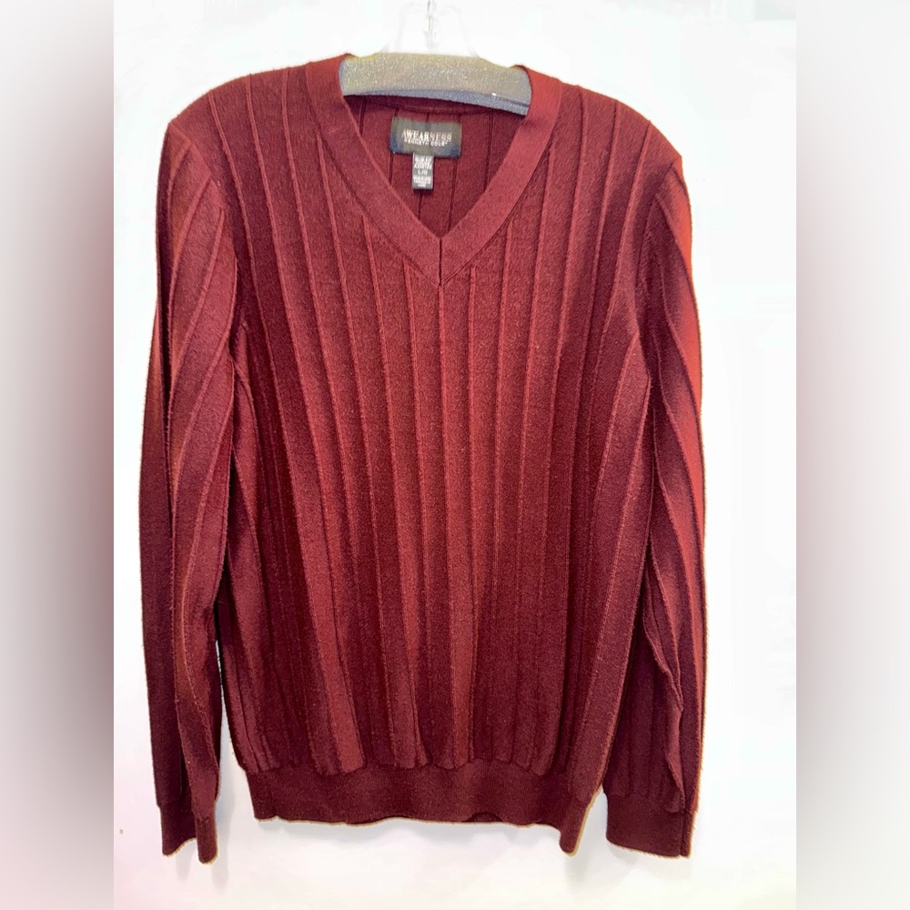 Awearness by Kenneth Cole V-Neck Sweater Rich Burgundy Brown Wool Blend Size L